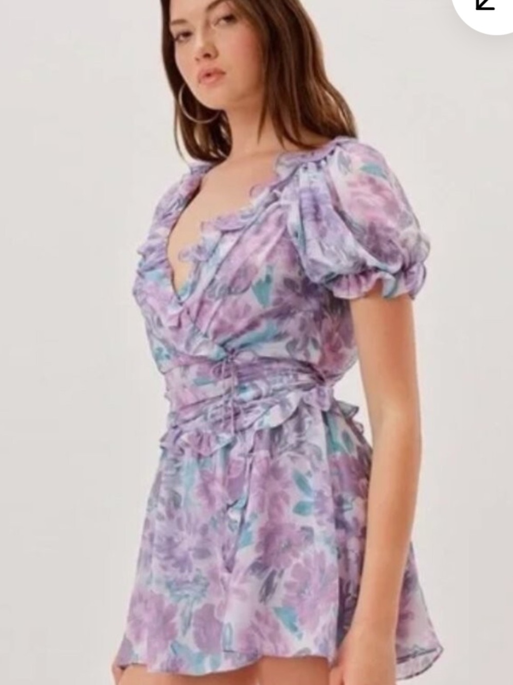 For Love And Lemons Lavender Floral Ruffle Wrap Mini Dress